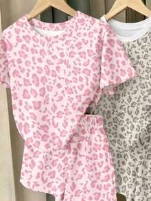 (Random Patterns, Randomly Ships 1 Of 3) Girls' Fashionable Personalized Colorful Glitter Leopard Print Knight Horse Pattern Striped Print Basic Short T-Shirt And Shorts Set - Multicolor - View 3