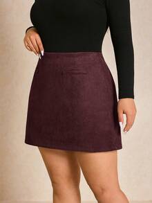 Elaquor Plus Size Elegant Commuter Solid Color Skirt Fall - Burgundy - View 4