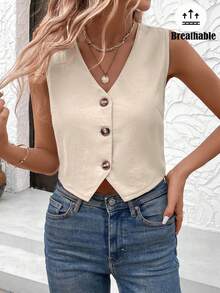 Easowa Women's Solid Color Single-Breasted Casual Vest Shirt - Khaki - View 3