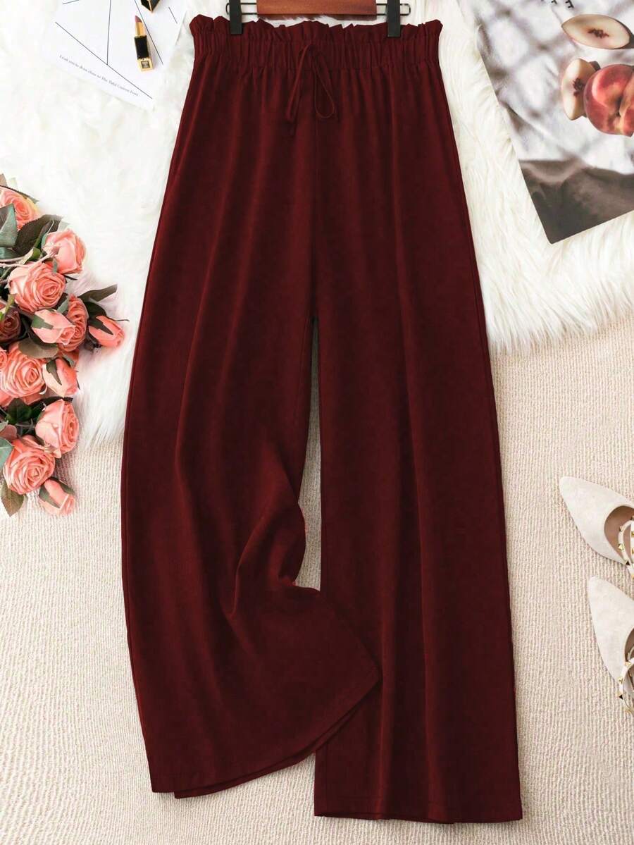 SHEIN PETITE CURVE 大码女式梭织纯色荷叶边系带阔腿休闲黑色长裤,春夏款 - 酒紅色 - 查看 1