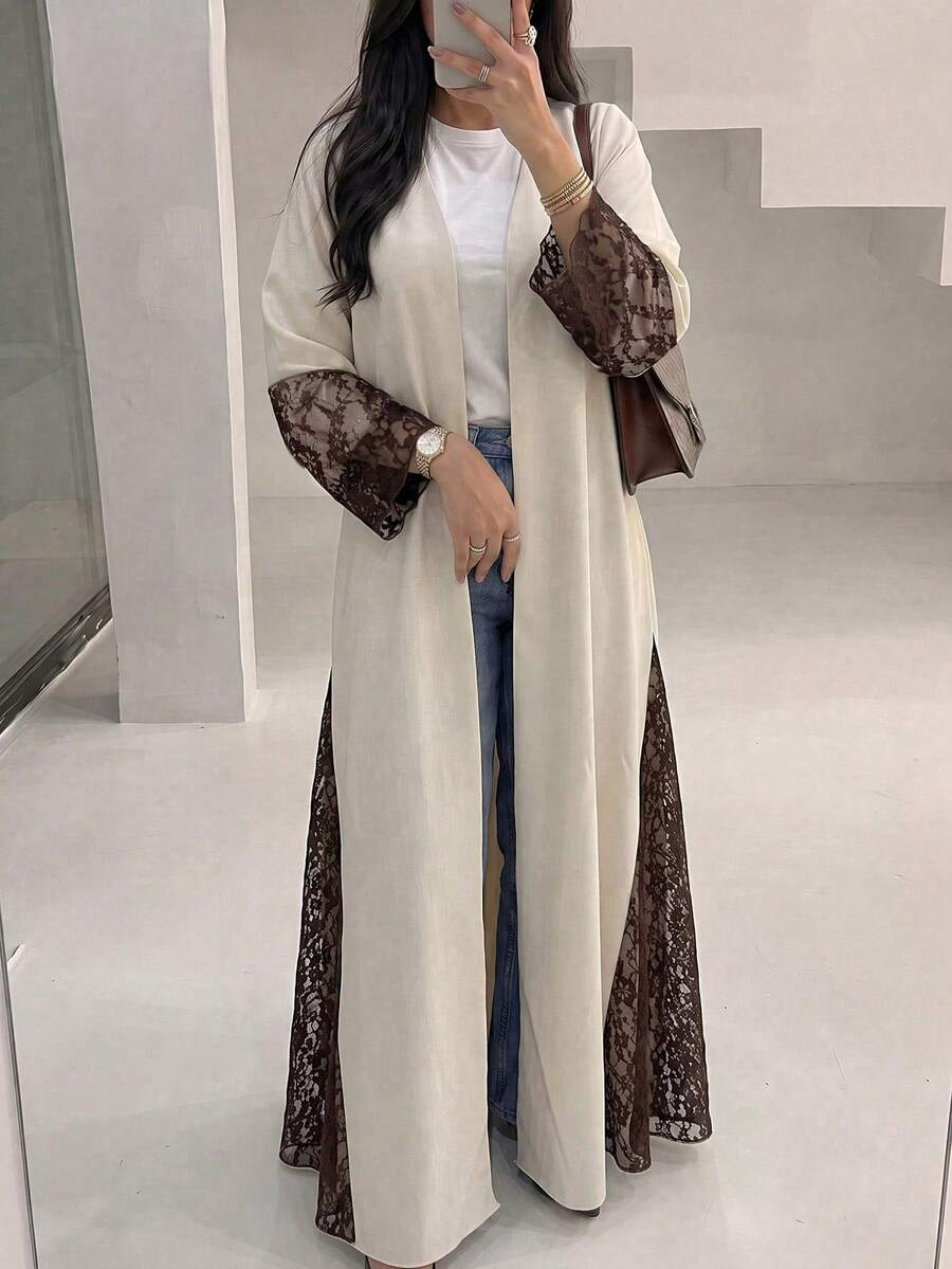 Yasveil 女款卡其色梭織長袖下擺開衩棕色蕾絲拼接優雅休閒長袍