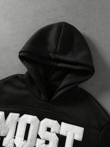 ROMWE MEN 男士重磅藝術字體毛巾刺繡街頭寬鬆版型連帽衛衣 - 黑色 - 查看 7