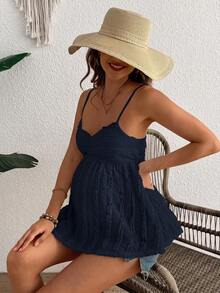 SHEIN 女款時尚百褶設計純色蕾絲孕婦細肩帶背心 - 藏蓝色 - 查看 5