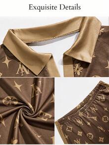 SOLERSUN Setelan dua potong terdiri dari kemeja polo lengan pendek bermotif cokelat dan celana panjang dengan kerah warna kontras. - Coklat - View 9