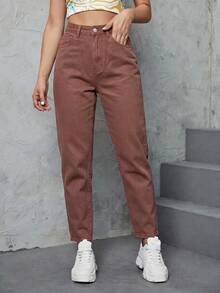 SHEIN ICON 女款休閒日常牛仔褲，附口袋與鈕扣設計 - 咖啡棕 - 查看 4