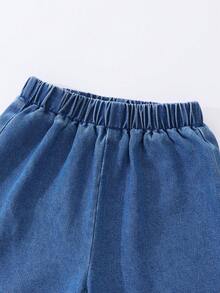 Souflis 女童牛仔兩件套，四季休閒可愛風荷葉領無袖上衣配花卉刺繡，寬鬆寬腿牛仔褲，適合日常穿著與派對造型 - 藍色 - 查看 6