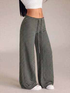 SHEIN PETITE Women's New Autumn/Winter Ultra Low Waist Black Striped Long Pants