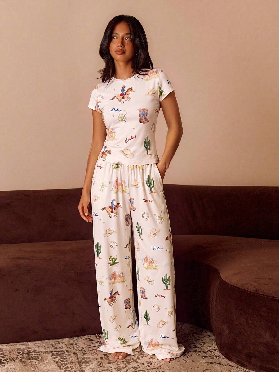 Athîral 女款圓領短袖棕色波點迷你洋裝,秋季服飾,女款居家休閒套裝,女款休閒兩件式套裝 - 彩色 - 查看 1