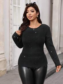 SHEIN Clasi 秋冬款黑色長袖保暖內裡大尺碼女款T恤 - 黑色 - 查看 6