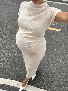 MaterniWear Women's Summer Maternity Casual Beige Short-Sleeve Slim-Fit Jacquard Knit Dress - Apricot - View 2