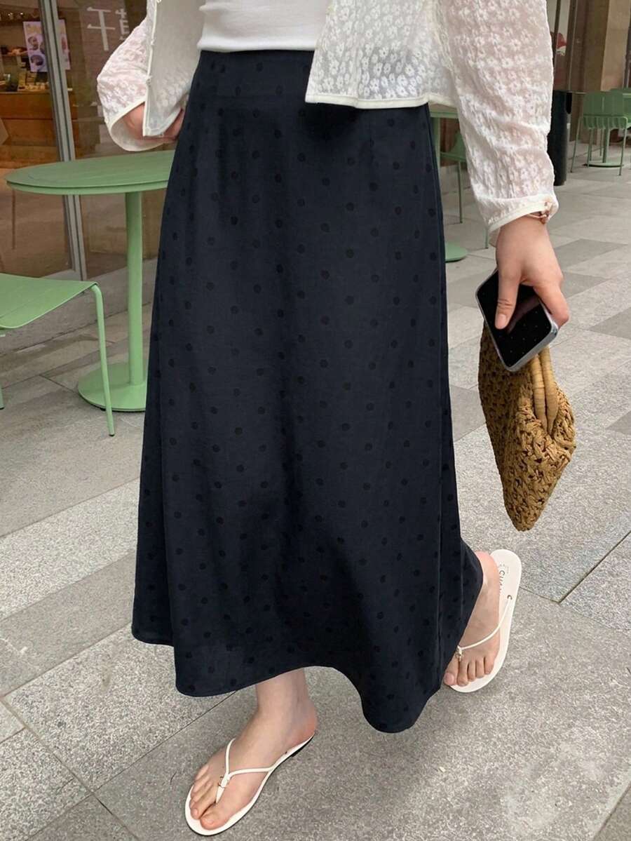 Dazy Plus 全波點可愛女孩休閒韓風春夏秋百搭A字黑色長款大尺碼女款裙 - 黑色 - 查看 1