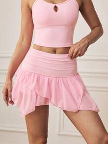 Eassivo Ruffle Hem Asymmetrical Skort - Pink - View 4