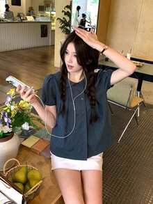 DAZY 女款彼得潘領格紋休閒韓系學院風度假夏季可愛上衣 - 藍色 - 查看 6