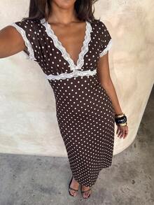 Aloruh Women's Autumn/Winter Polka Dot Print Lace Patchwork Extra Long A-Line Dress - Brown - View 8