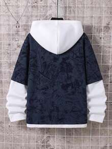 Tween Boy Casual Sports Loose Fit Korean Style Hooded Colorblock 2 In 1 Pullover Sweatshirt, Suitable For Fall/Winter, School, Family Gathering, Sports, FallOutfit, WinterOutfit - Multicolor - View 3