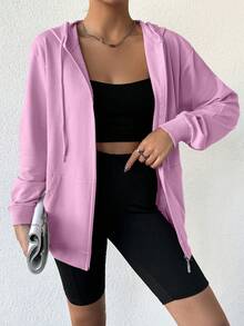 EURMUSE 100%Cotton Solid Zip Up Drawstring Hoodie - Baby Pink - View 5