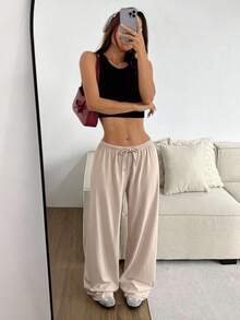 CovetEZ 女款純色抽繩腰休閒百搭日常穿著長褲 - 杏色 - 查看 5