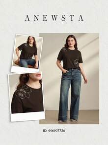 Anewsta Plus Size Women's Floral Print Casual Versatile Daily Short Sleeve T-Shirt - Coffee Brown - View 8