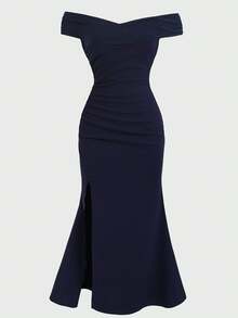 SHEIN Pitira Teen Girls' Off-Shoulder Navy Blue Ruched Waist Mesh Bodycon Slit Front Formal Dress - Royal Blue - View 7