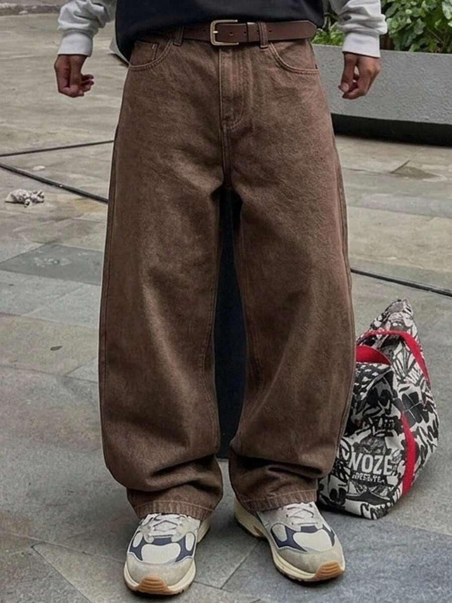 SHEIN 青少年男孩棕色寬鬆簡約舒適牛仔褲,萬聖節與黑色返校款 - 棕色 - 查看 1