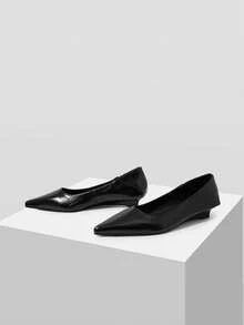 Mnmlis Women Shoes PU Leather Pleated Texture Pointed Toe Beveled Low Heel Commuting Simple Retro Black Low Vamp Shoes, Workplace Commuting Daily W - Graphite Black - View 5