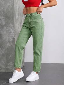SHEIN ICON 休閒水洗高腰錐形牛仔褲 - 軍綠色 - 查看 2