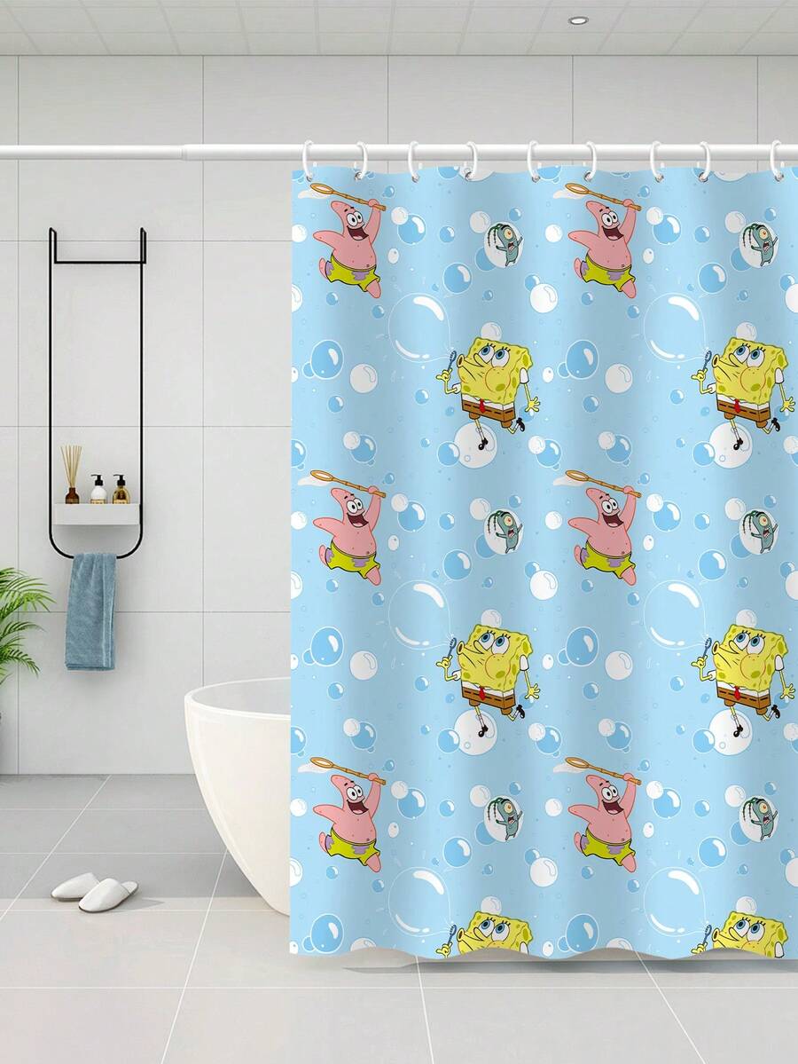 SpongeBob SquarePants | SHEIN 1件裝 卡通角色圖案防水浴簾,適合浴室隔斷簾,附掛鉤,家用浴室裝飾浴簾,四季通用 - 多色 - 查看 1
