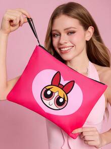 THE POWERPUFF GIRLS X SHEIN 多尺寸卡通便攜化妝包，輕量可水洗聚酯纖維材質附手腕帶，適合收納化妝品與小物品，旅行與日常使用皆宜 - 粉綠藍 - 查看 3