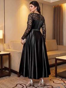 Auveirra Gaun Pesta Formal Koktail Hitam untuk Wanita Ukuran Besar dengan Hiasan Renda dan Patchwork, Elegan, Tradisional, dan Mengencangkan Pinggang, Warna Hitam untuk Musim Gugur/Musim Dingin - Hitam - View 2