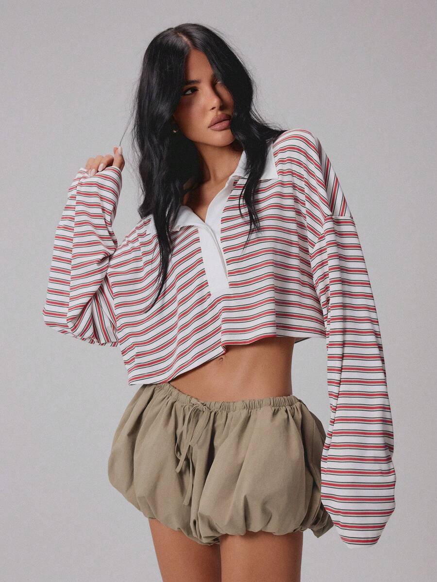 MISSGUIDED 泡泡氣球迷你短褲,彈性抽繩腰頭,抓皺蓬鬆下擺,適合夏季祭典、度假與派對 - 灰色 - 查看 1