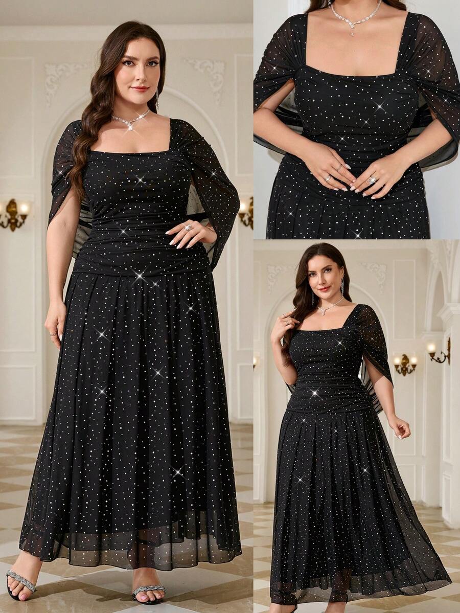 Reflora 大尺碼法式風亮片優雅網紗拼接方領洋裝