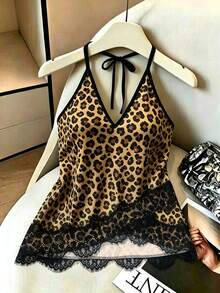 SHEIN PariChic 女款蕾絲拼接豹紋休閒百搭日常穿搭掛脖背心 - 彩色 - 查看 3