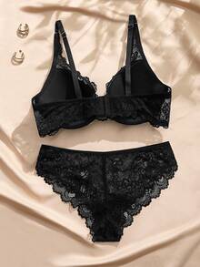 Charlaine French Sexy Plus Size Lingerie Set, Lace & Cotton Underwire Bra, Minimizing Effect For Large Bust, Lace Triangle Panty With Pure Cotton Crotch, 2-Piece Set - Black - View 2
