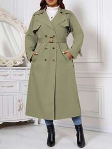 SHEIN Clasi Plus Size Fashion Elegant Double-Breasted Pocket Long Sleeve Trench Coat - Mint Green - View 3