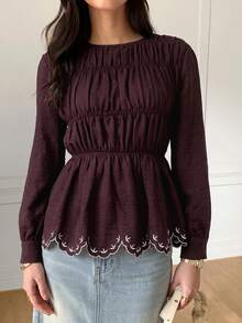 Solavon Women's Round Neck Long Sleeve Pleated Casual Blouse - Coffee Brown - View 6