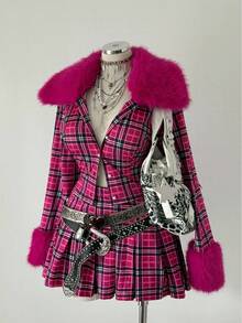 Sunspun Y2K Girly Style Furry Collar Pleated Skirt Cute Minimalist Sexy Mini Skirt 2 Pieces Set Fall - Pink - View 4