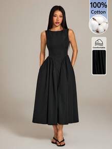 SHEIN PETITE Women's Solid Color Pleated Casual Party Dress - Black - View 9