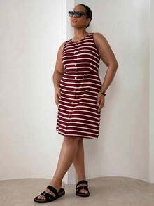 ELLERISSA Plus Size Red & White Stripe Round Neck Sleeveless Front Button Waffle Knit Mini Dress - Red and White - View 1