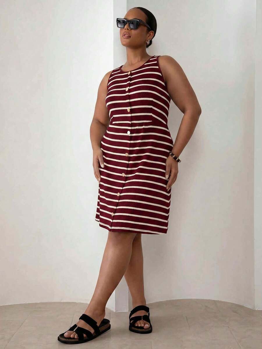 ELLERISSA Plus Size Red & White Stripe Round Neck Sleeveless Front Button Waffle Knit Mini Dress - Red and White - View 1