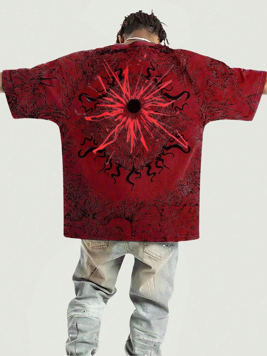 ROMWE MEN Street Life Men's Batwing Sleeve Printed Short Sleeve T-Shirt, Suitable For Daily Wear In Spring And Summer - Red - View 1