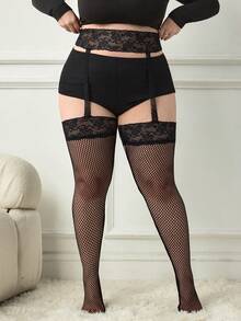 SHEIN CURVE+ Quần legging ren phối mảng rỗng gợi cảm size lớn, phong cách Gothic tối cho Halloween - màu đen - Xem 5