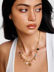 Kryxie 1pc 18K Gold Plated Stainless Steel Multi-Layer Colorful Necklace, Sun, Starfish, Heart Design Pendant, Titanium Steel Necklace - Multicolor - View 10