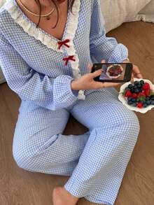 Dazy Plus Cute Plaid Loose Top And Pants 2-Piece Set, Blue Pajama Set For Spring And Autumn - Blue - View 1