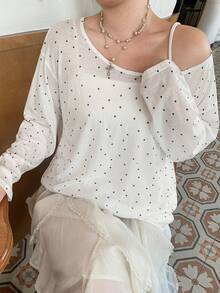 Dazy Plus White Polka Dot Crew Neck Long Sleeve Loose Fit Pullover Casual T-Shirt For Girls, Spring Summer Autumn Cute Tops Brunch Morning Fall - White - View 1