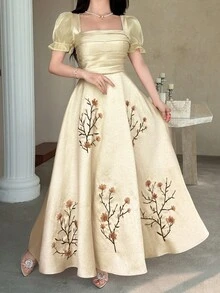 Feyla 女士方领花瓣袖褶皱花卉装饰优雅连衣裙 - 杏色 - 查看 7