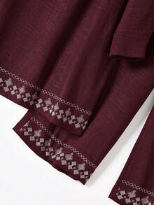 Rusticease 女款度假刺繡長袖上衣與寬鬆長褲兩件套，日常居家服，酒紅色，秋季休閒 - 酒紅色 - 查看 5