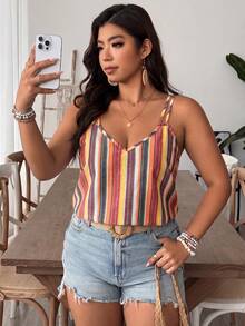 SHEIN VCAY Plus Size Summer Color Block Striped Casual Boho Tank Top Beach Bussines Yellow - Multicolor - View 8