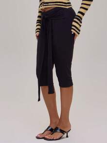 MUSERA Plus Size Black Tie Detail Capri Pants Winter Fall Going Out Womens Outfit - Black - View 3