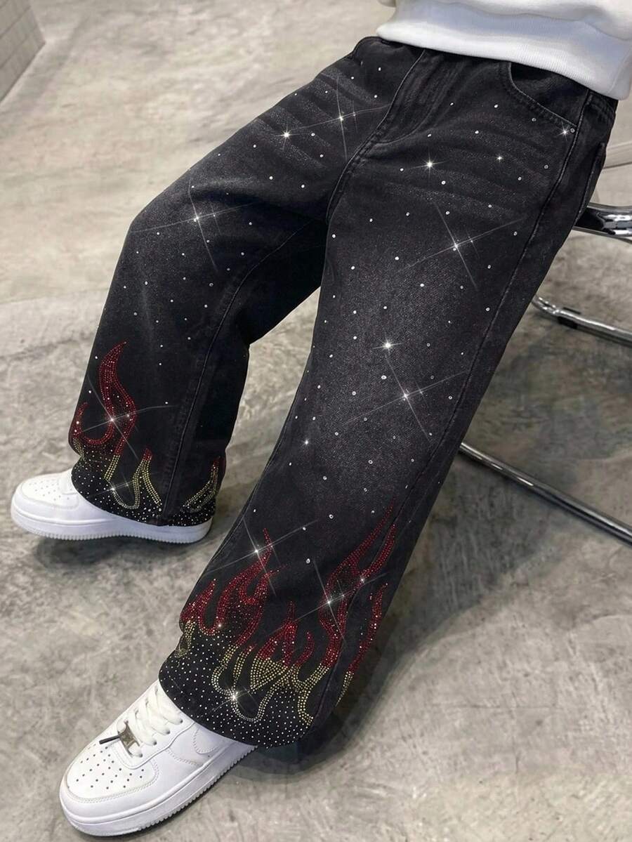 兒童青少年男孩亮片火焰圖案黑色寬鬆直筒牛仔褲，萬聖節與校園風 - 黑色 - 查看 1