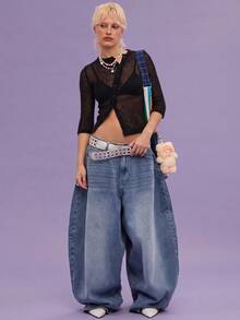 COUREZ 低腰宽松灯笼裤，Y2K 春季女装外出棉质宽松牛仔裤，Y2K 牛仔裤街头风夏季女装下装，夏季下装，适合节日音乐会等场合。 - 藍色 - 查看 4